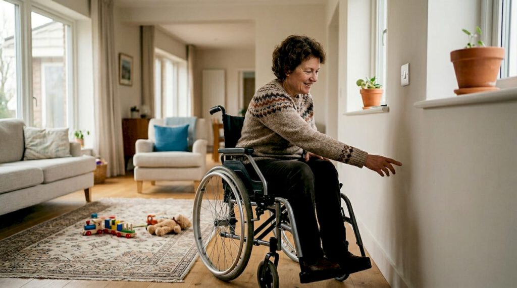 Barrierefreie Elektroinstallation: Guide für mehr Komfort 5 Eine Frau im Rollstuhl erreicht problemlos den tief angebrachten Lichtschalter.