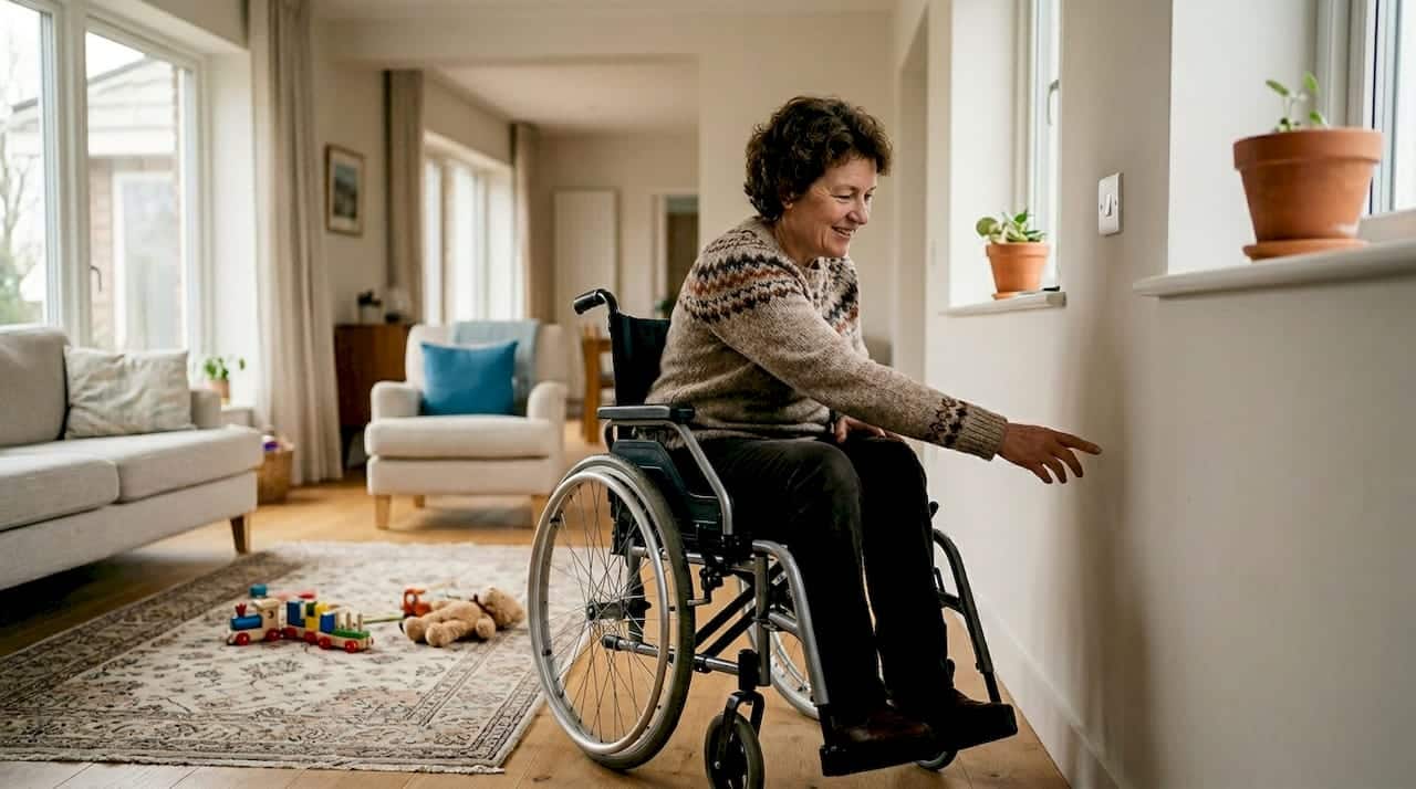 Eine Frau im Rollstuhl erreicht problemlos den tief angebrachten Lichtschalter. Eine Frau im Rollstuhl erreicht problemlos den tief angebrachten Lichtschalter.