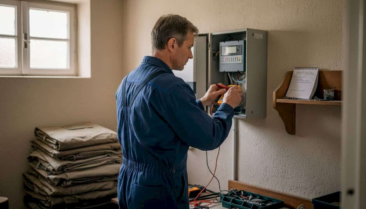 Ein Techniker überprüft den Wechselrichter der Photovoltaikanlage im Technikraum. Ein Techniker überprüft den Wechselrichter der Photovoltaikanlage im Technikraum.