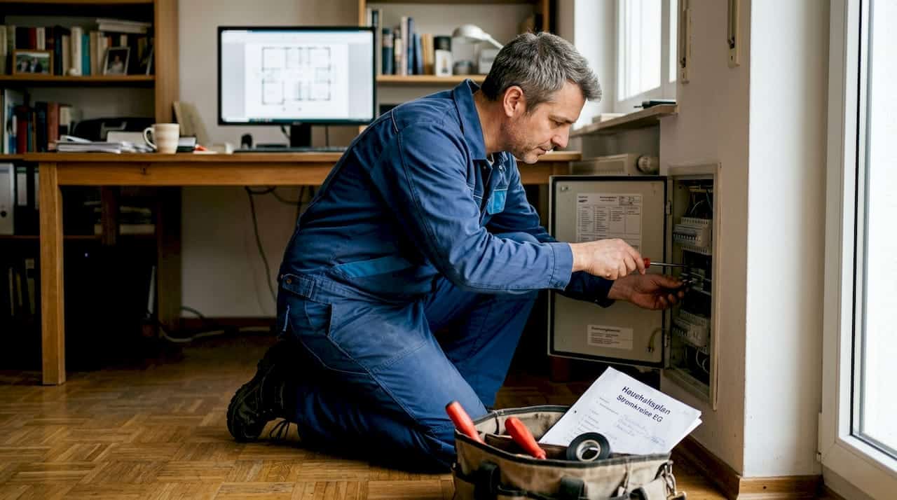 Im Arbeitszimmer kümmert sich der Elektriker gerade um den Sicherungskasten. Im Arbeitszimmer kümmert sich der Elektriker gerade um den Sicherungskasten.