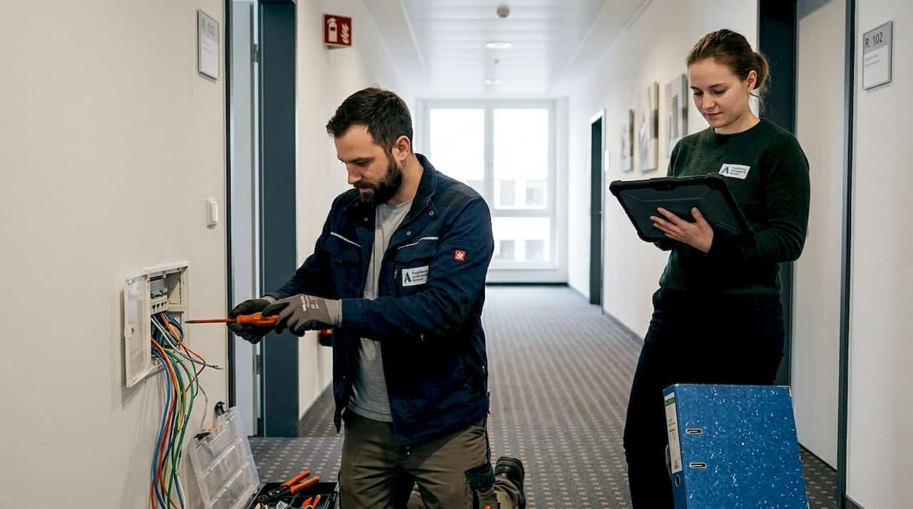 Ein Elektroniker richtet das Firmennetzwerk ein. Ein Elektroniker richtet das Firmennetzwerk ein.