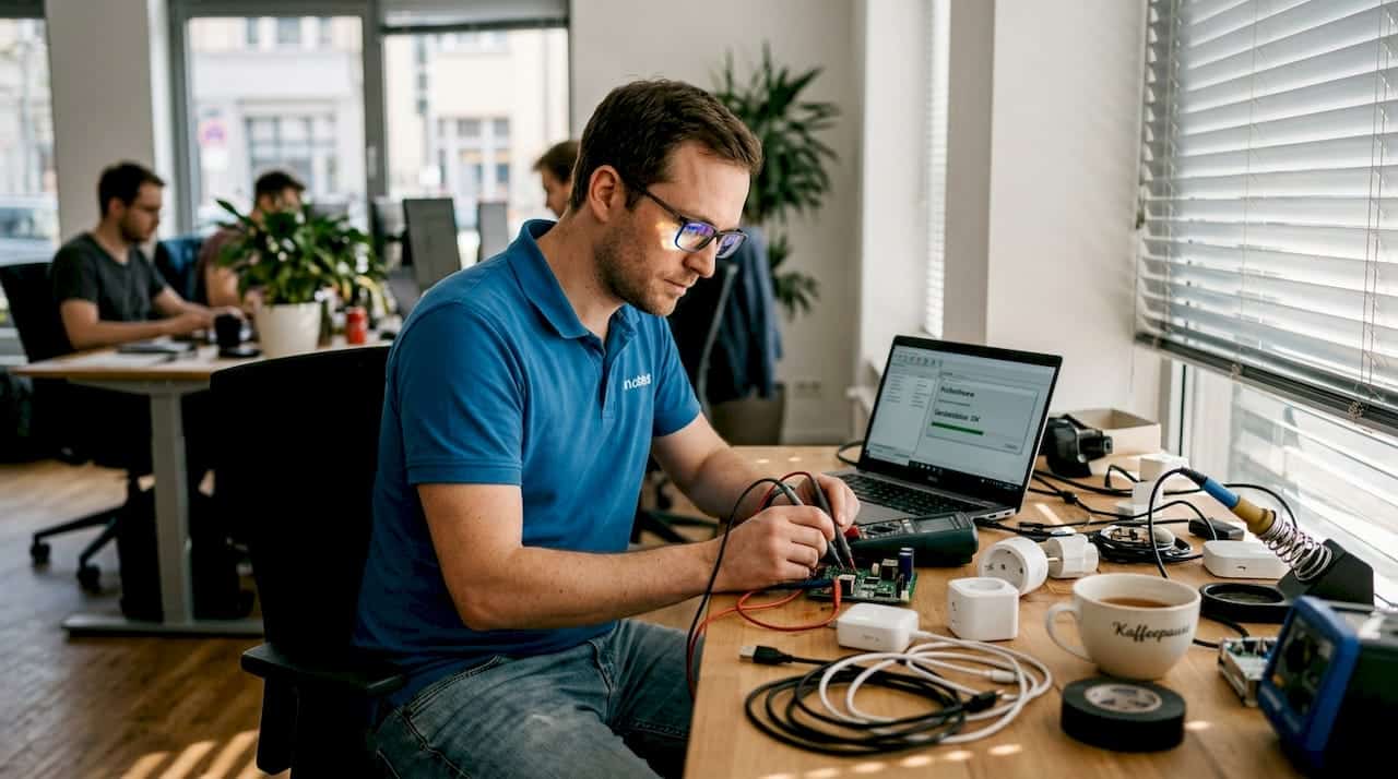 Ein Ingenieur überprüft und testet smarte Geräte für das vernetzte Zuhause in seinem Büro. Ein Ingenieur überprüft und testet smarte Geräte für das vernetzte Zuhause in seinem Büro.