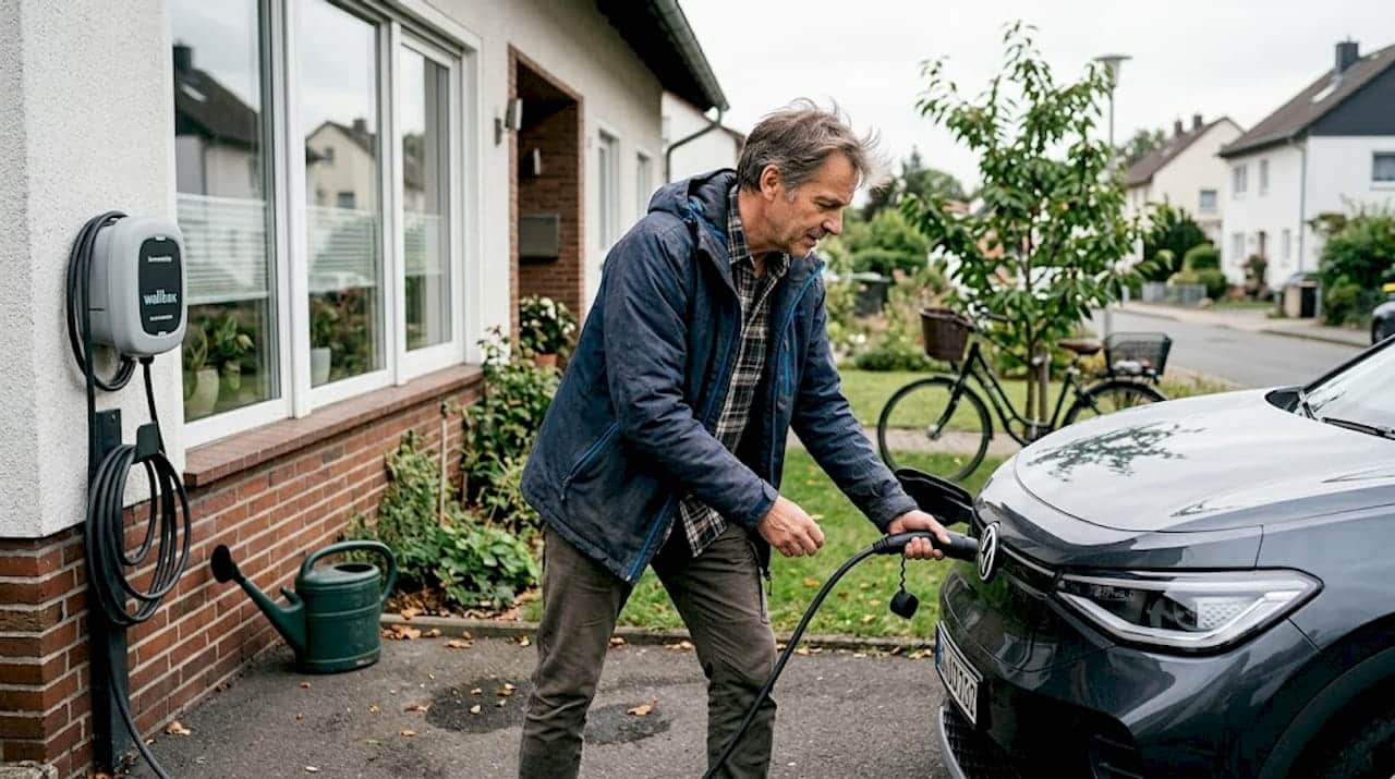 Ein Mann lädt sein E-Auto bequem an der heimischen Wallbox auf. Ein Mann lädt sein E-Auto bequem an der heimischen Wallbox auf.