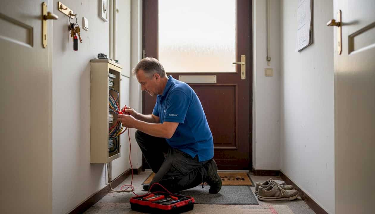 Ein Fachmann installiert eine Alarmanlage im Flur eines Augsburger Eigenheims. Ein Fachmann installiert eine Alarmanlage im Flur eines Augsburger Eigenheims.