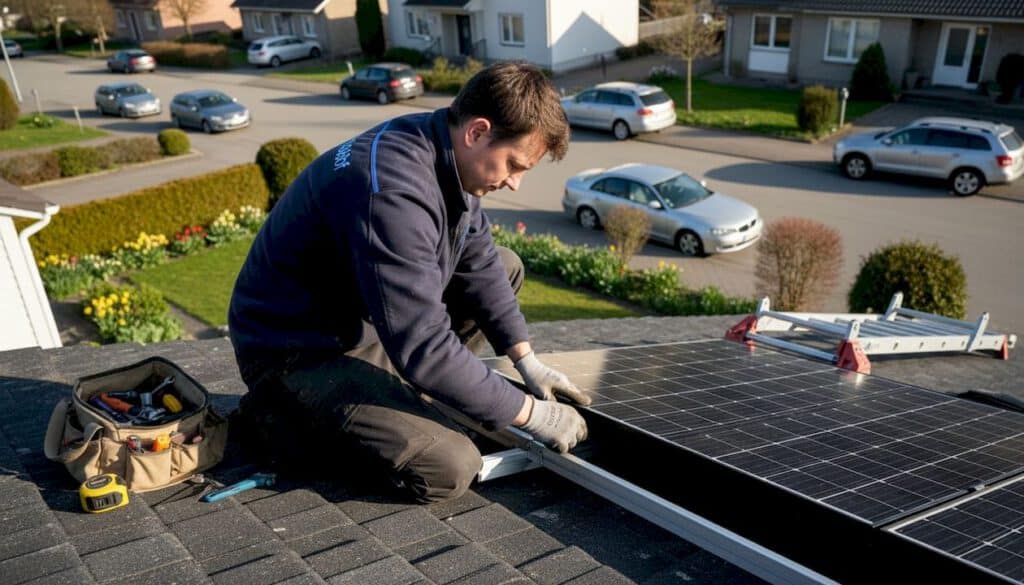 Photovoltaik einfach erklärt: Technik und Vorteile 2026 13 Ein Fachmann montiert Solarmodule auf dem Dach eines Einfamilienhauses im Vorort.