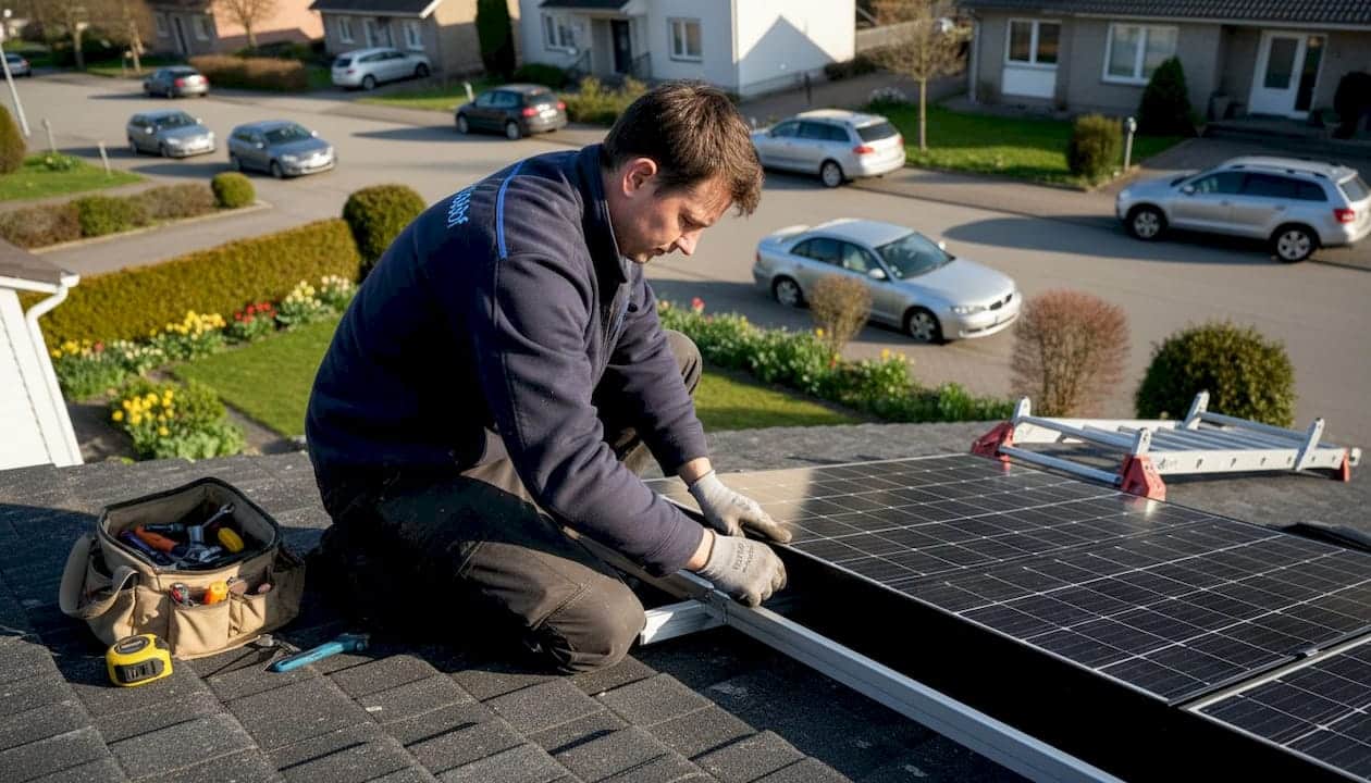 Ein Fachmann montiert Solarmodule auf dem Dach eines Einfamilienhauses im Vorort. Ein Fachmann montiert Solarmodule auf dem Dach eines Einfamilienhauses im Vorort.