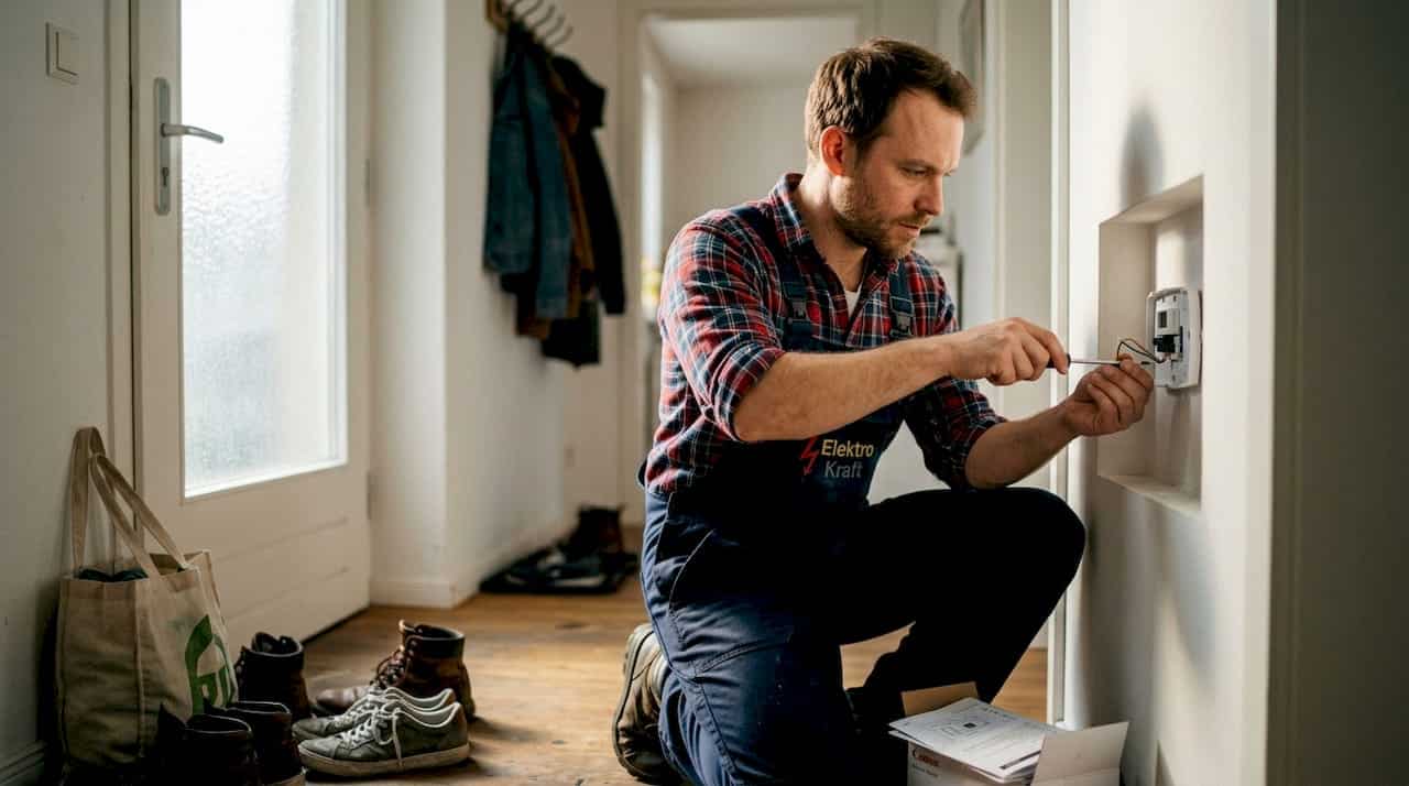 Ein Elektroniker installiert ein Smart-Home-Thermostat und sorgt so für mehr Komfort und Energieeffizienz im Zuhause. Ein Elektroniker installiert ein Smart-Home-Thermostat und sorgt so für mehr Komfort und Energieeffizienz im Zuhause.