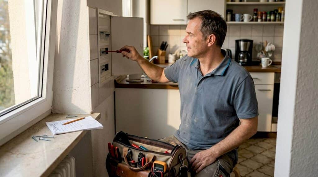 Elektroanlagen modernisieren: Sicherheit & Zukunft sichern 11 Ein Elektriker kontrolliert den Sicherungskasten in der Wohnung, um mögliche Störungen oder Defekte zu erkennen.