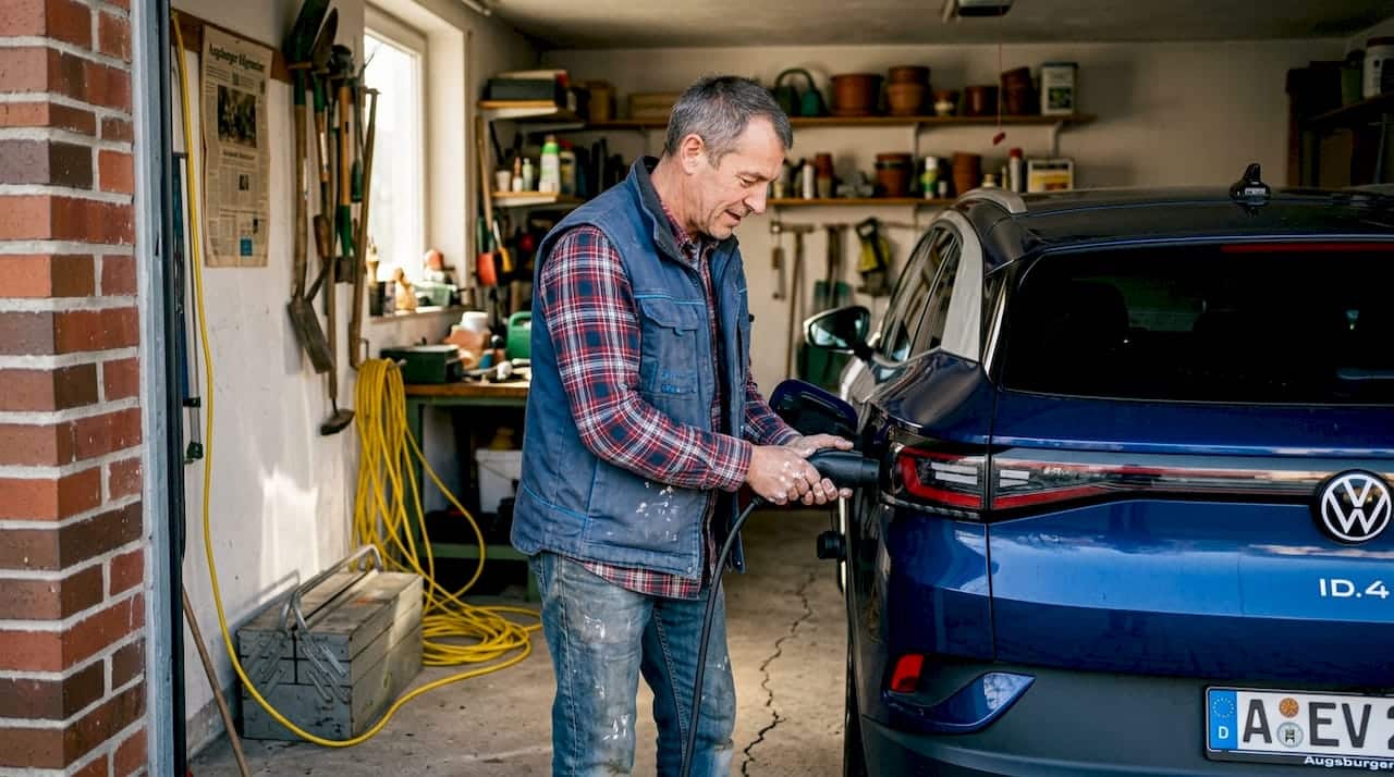 Ein Hausbesitzer schließt in seiner Garage die Ladestation für sein E-Auto an. Ein Hausbesitzer schließt in seiner Garage die Ladestation für sein E-Auto an.