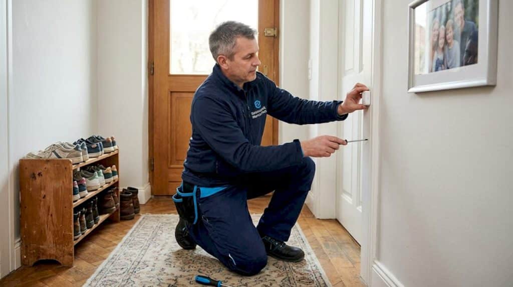 Alarmanlagen in Augsburg: Sicherheit, Effizienz und smarte Lösungen 9 Ein Techniker bringt einen Alarmsensor im Eingangsbereich des Hauses an.