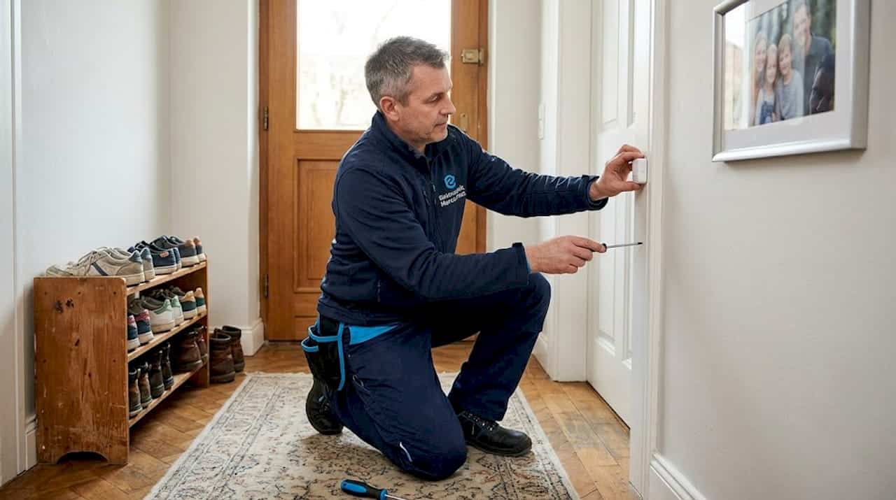 Ein Techniker bringt einen Alarmsensor im Eingangsbereich des Hauses an. Ein Techniker bringt einen Alarmsensor im Eingangsbereich des Hauses an.