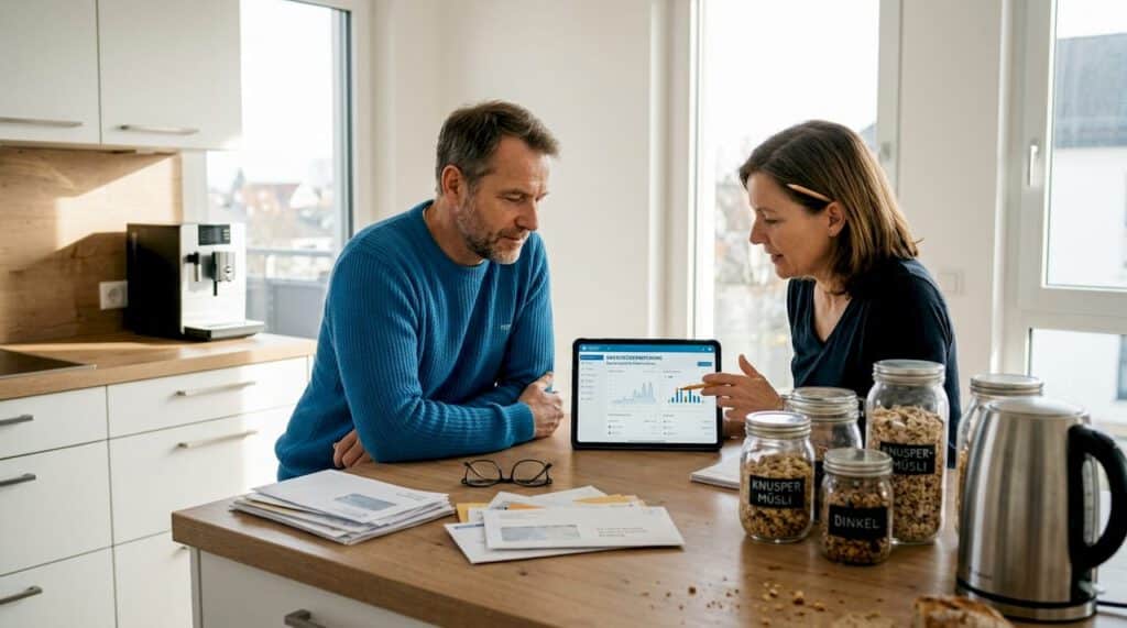 Augsburg: Energieinnovationen, die Ihr Zuhause verändern 8 Ein Ehepaar prüft in seiner Augsburger Küche die Verbrauchsdaten auf einer Energie-App.