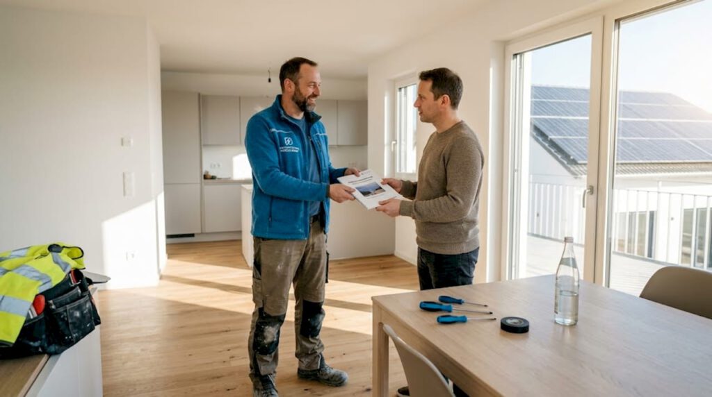 Elektroniker für Energie- und Gebäudetechnik: Aufgaben und Vorteile 7 Elektriker nimmt neue Elektroinstallation in frisch bezogener Wohnung gemeinsam mit dem Eigentümer ab.