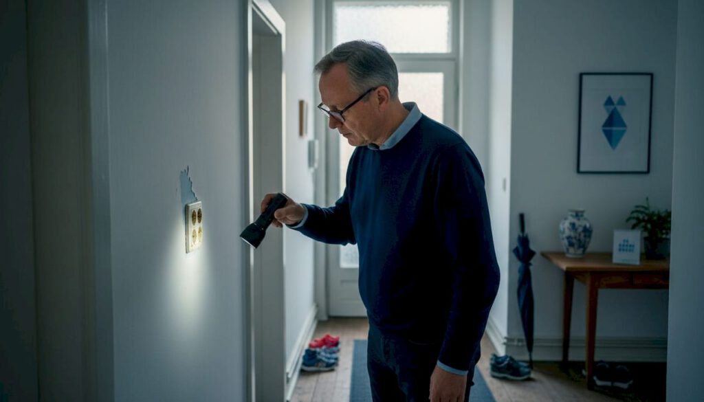 Die 7 wichtigsten Anzeichen für Elektroprobleme erkennen 6 Ein Hausbesitzer prüft eine alte Steckdose auf ihren Zustand.