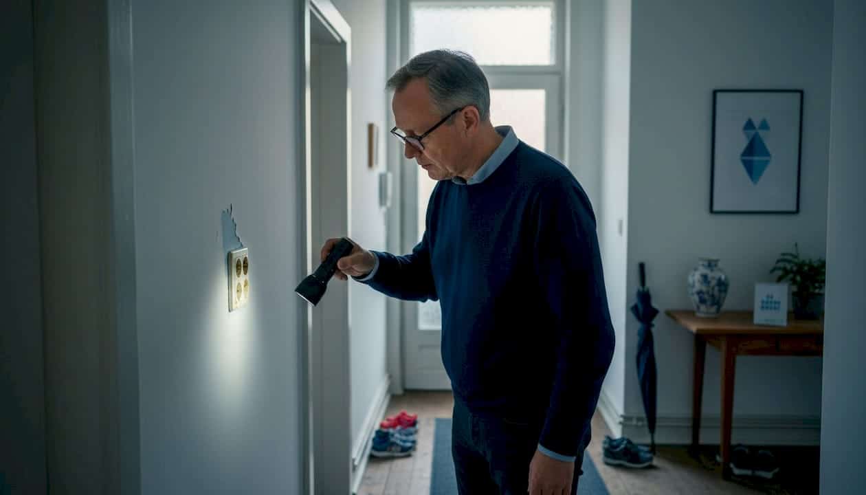 Ein Hausbesitzer prüft eine alte Steckdose auf ihren Zustand. Ein Hausbesitzer prüft eine alte Steckdose auf ihren Zustand.