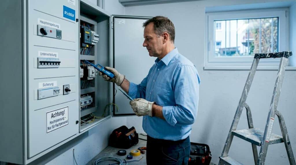 Elektrotechnik Augsburg: Sicherheit und nachhaltige Lösungen 5 Ein Elektriker überprüft den Schaltschrank im Keller eines Hauses in Augsburg.