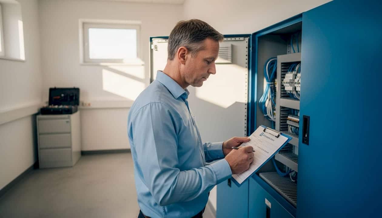 Ein Elektriker überprüft und wartet die elektrischen Anlagen im Technikraum. Ein Elektriker überprüft und wartet die elektrischen Anlagen im Technikraum.