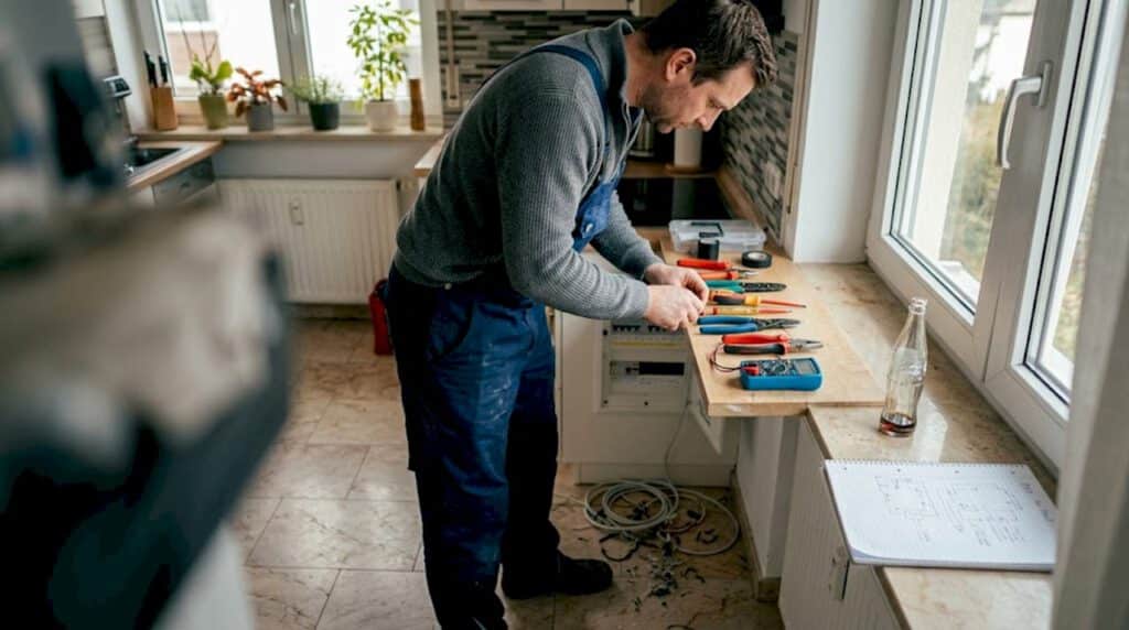Allgäuer Straße Augsburg: Elektriker und Energielösungen 7 Ein Elektriker überprüft den Sicherungskasten in einer Wohnung auf Funktion und Sicherheit.