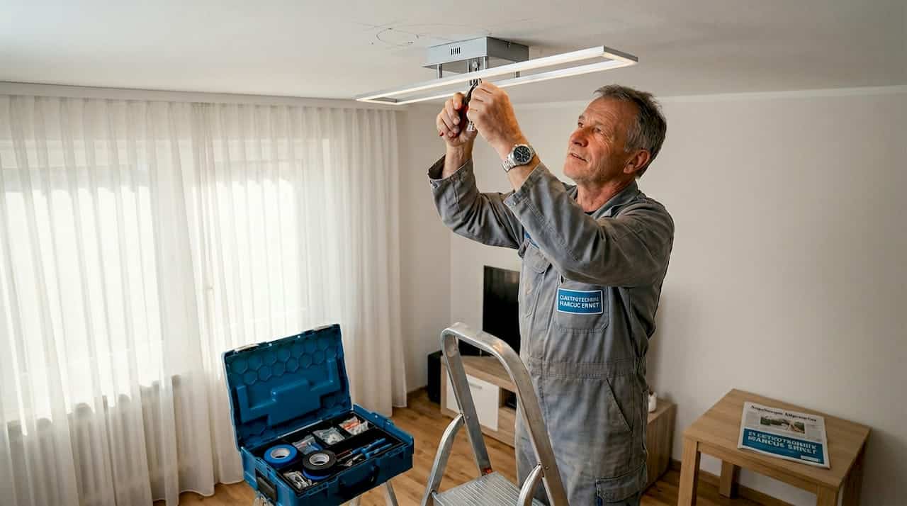 Ein Elektriker montiert eine neue LED-Lampe in einem Augsburger Haushalt. Ein Elektriker montiert eine neue LED-Lampe in einem Augsburger Haushalt.