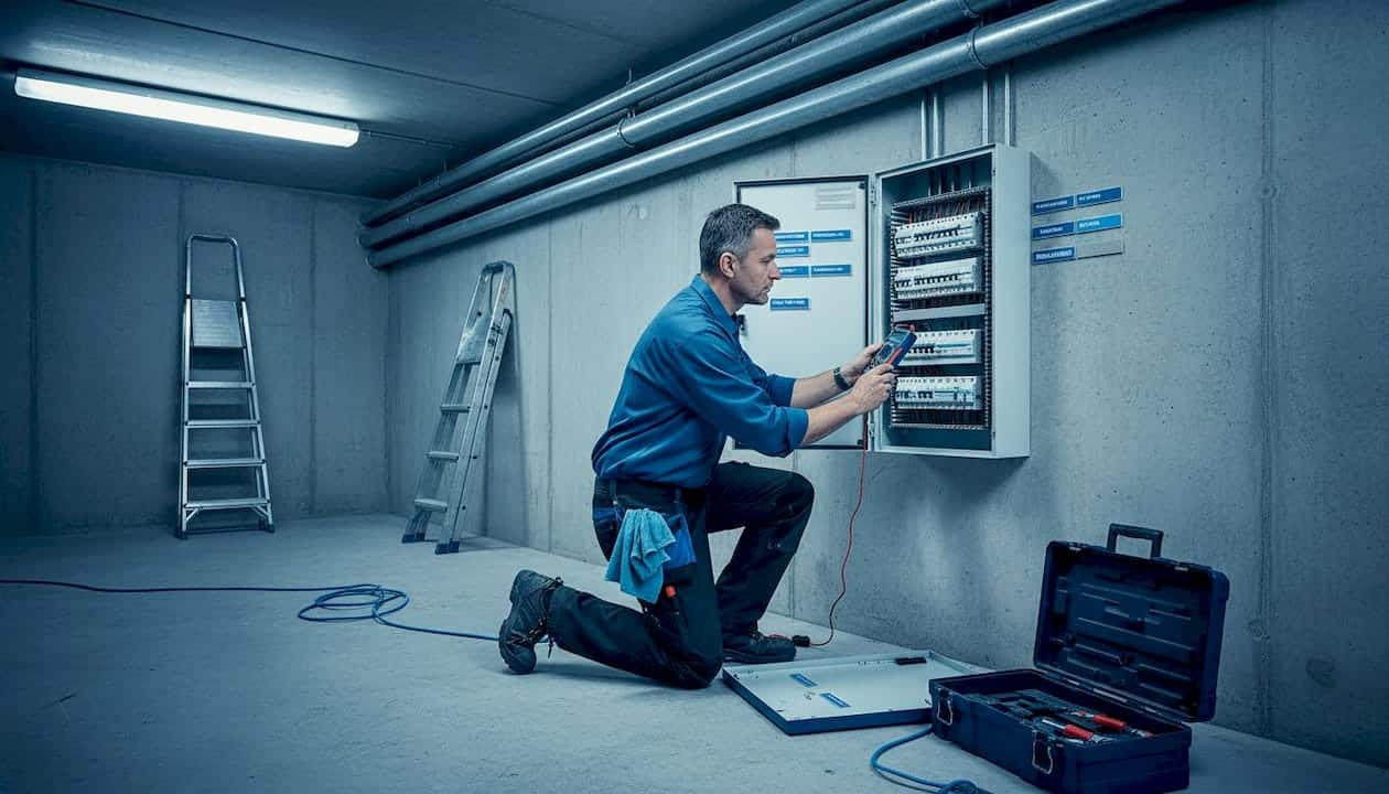 Ein Elektriker überprüft den offenen Verteilerkasten in einem Gebäude. Ein Elektriker überprüft den offenen Verteilerkasten in einem Gebäude.