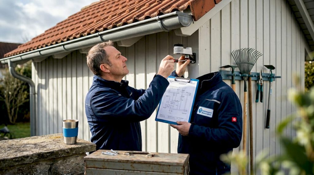 Ein Techniker bringt eine Wetterstation an der Hauswand an.