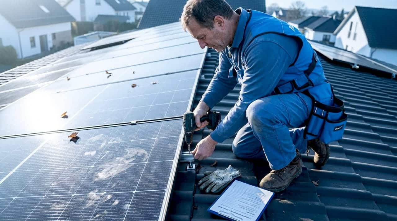 Ein Monteur bringt auf dem Hausdach Solarmodule an. Ein Monteur bringt auf dem Hausdach Solarmodule an.
