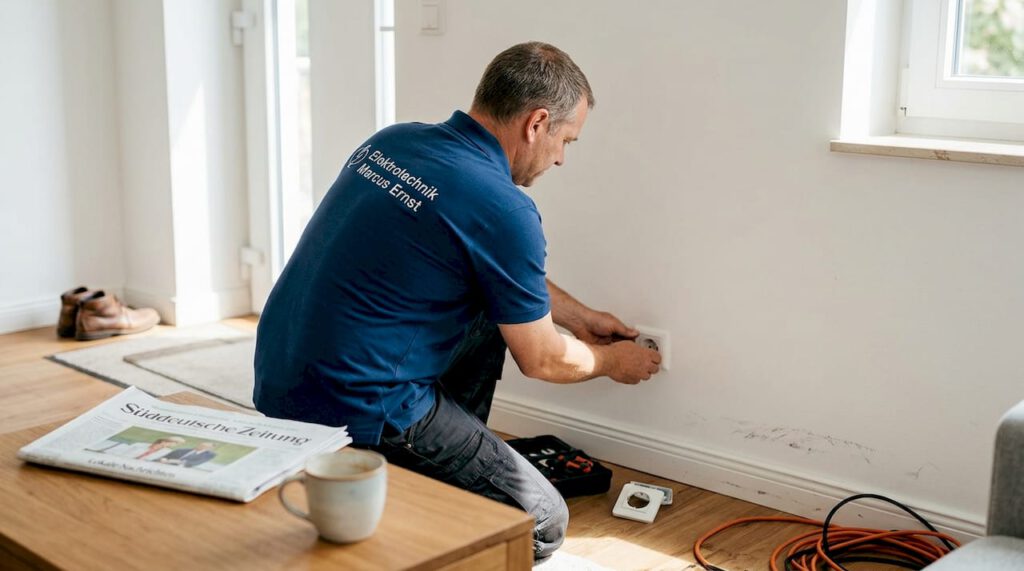 Im Wohnzimmer bringt ein Elektriker gerade eine Steckdose auf Vordermann.
