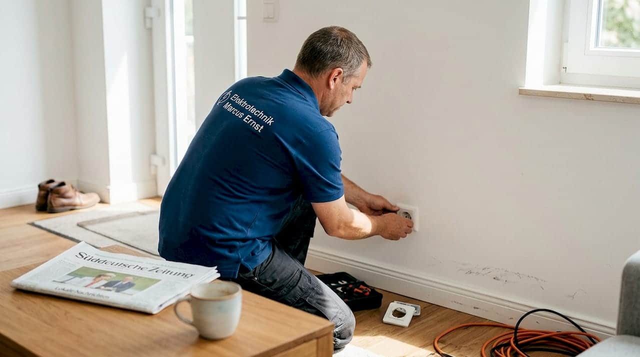 Im Wohnzimmer bringt ein Elektriker gerade eine Steckdose auf Vordermann. Im Wohnzimmer bringt ein Elektriker gerade eine Steckdose auf Vordermann.