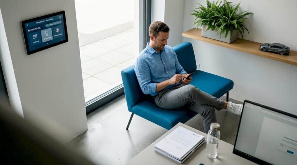 Ein Mann steuert sein Smart Home bequem vom Wohnzimmer aus.