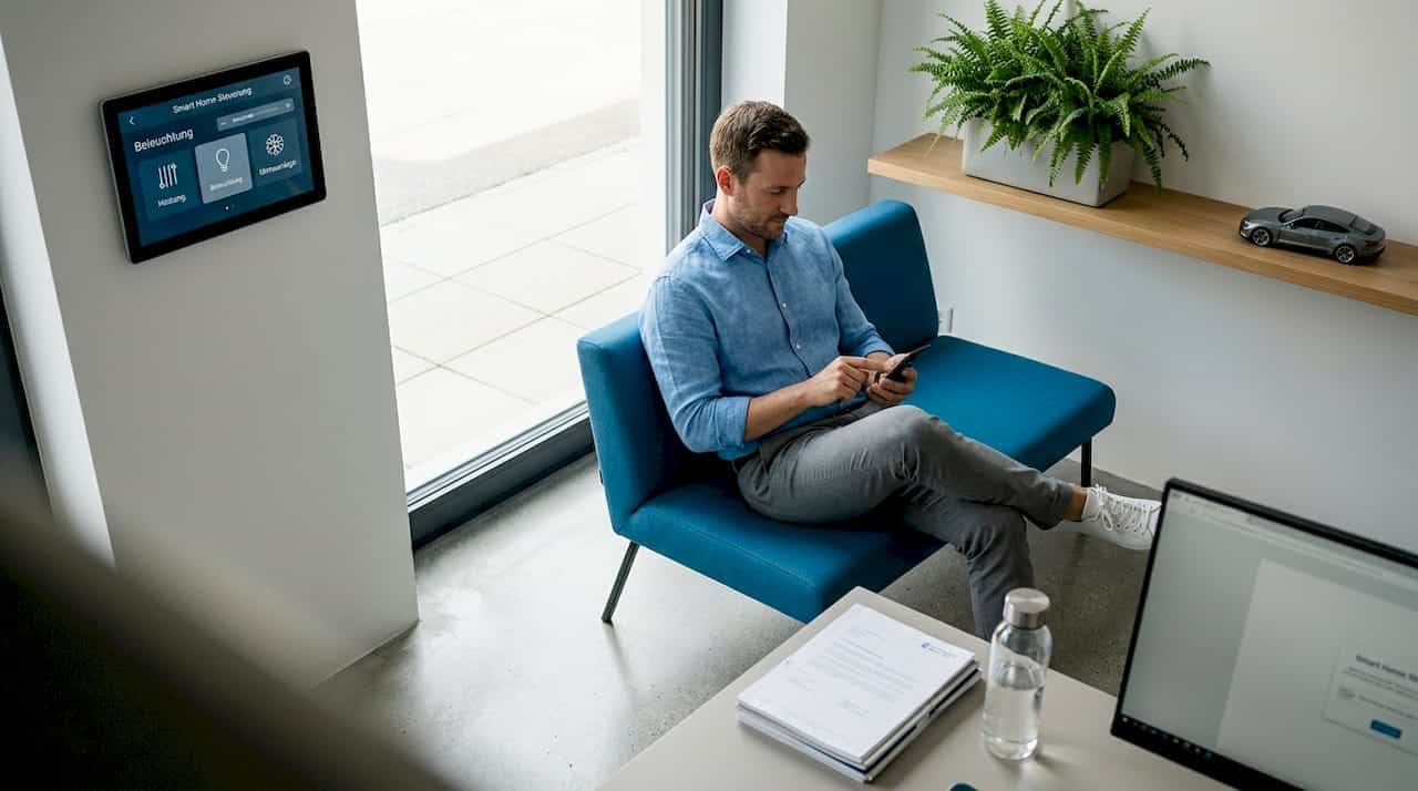 Ein Mann steuert sein Smart Home bequem vom Wohnzimmer aus. Ein Mann steuert sein Smart Home bequem vom Wohnzimmer aus.