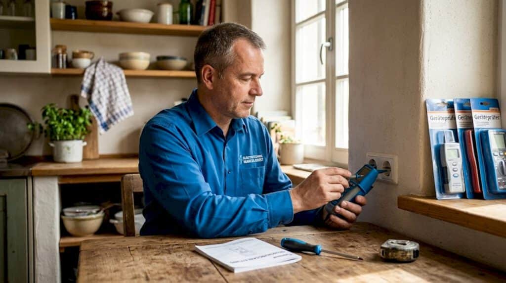 Ein Elektriker überprüft die Stromleitungen in der Küche mit einem Spannungsprüfer.