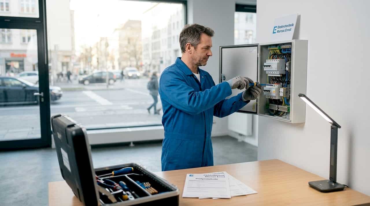 Ein Elektriker überprüft den Sicherungskasten im Büro des Unternehmens.