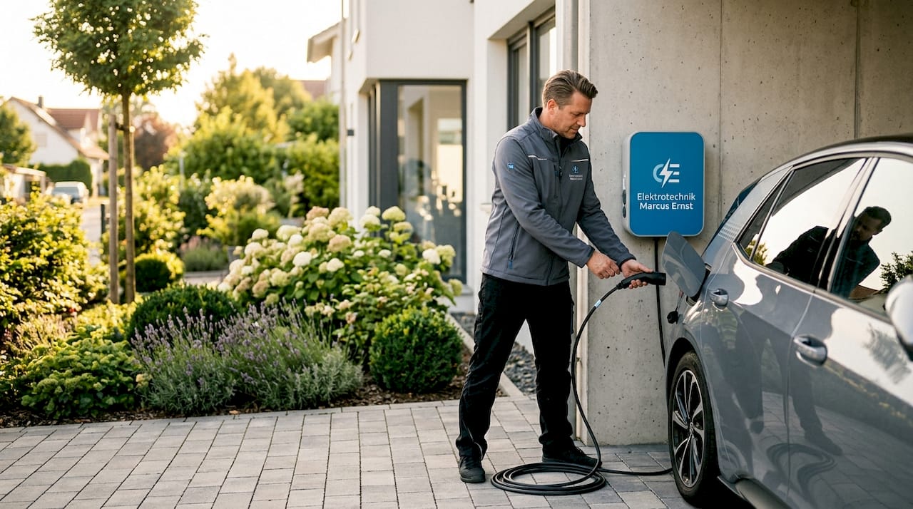 Ein Mann lädt sein Elektroauto bequem in der eigenen Einfahrt auf.