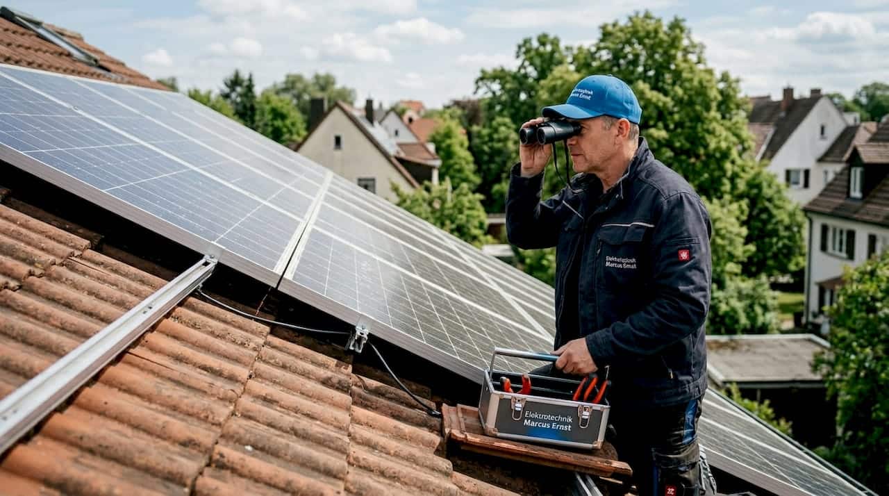 Ein Eigenheimbesitzer nimmt seine Solaranlage auf dem Hausdach genau unter die Lupe. Ein Eigenheimbesitzer nimmt seine Solaranlage auf dem Hausdach genau unter die Lupe.