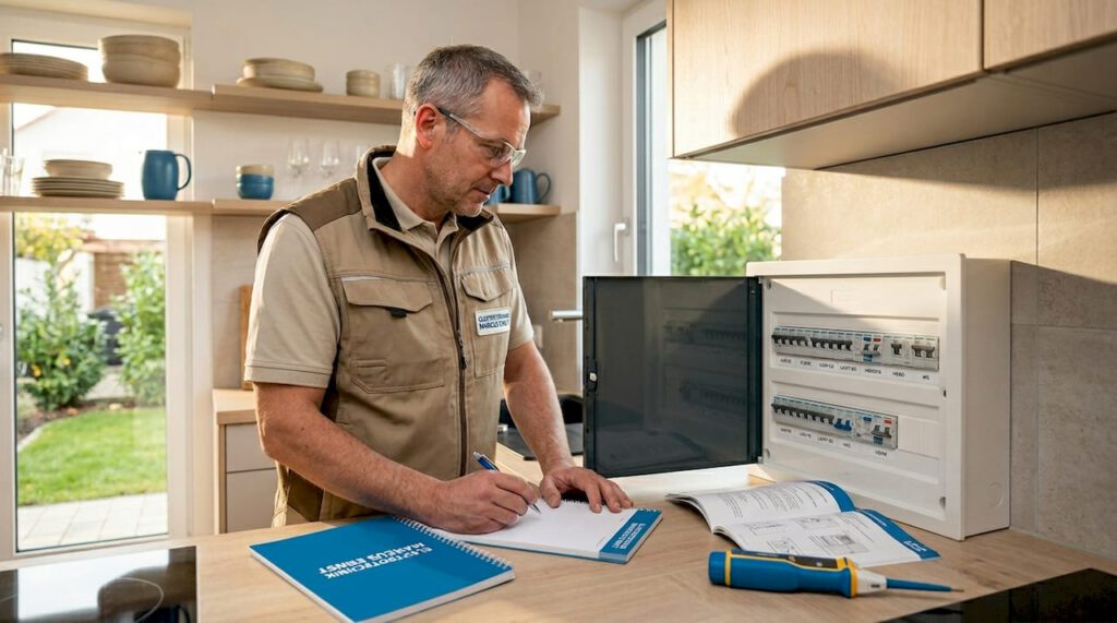 Elektrosicherheit erhöhen Schritt für Schritt: Ihr Leitfaden 3 Ein Elektriker wirft einen Blick auf den Sicherungskasten in einer alten Küche.