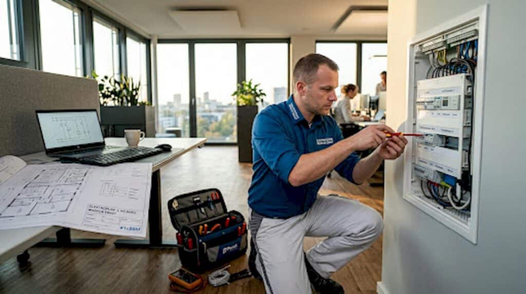 Elektrotechnik Nutzen: Vorteile für Haus und Betrieb 2 Ein Elektriker überprüft den Sicherungskasten in einer Wohnung.