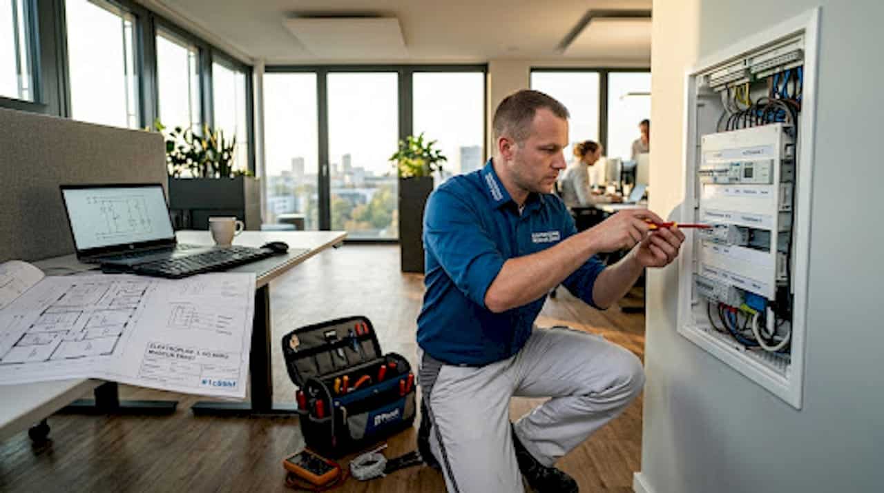 Ein Elektriker überprüft den Sicherungskasten in einer Wohnung. Ein Elektriker überprüft den Sicherungskasten in einer Wohnung.