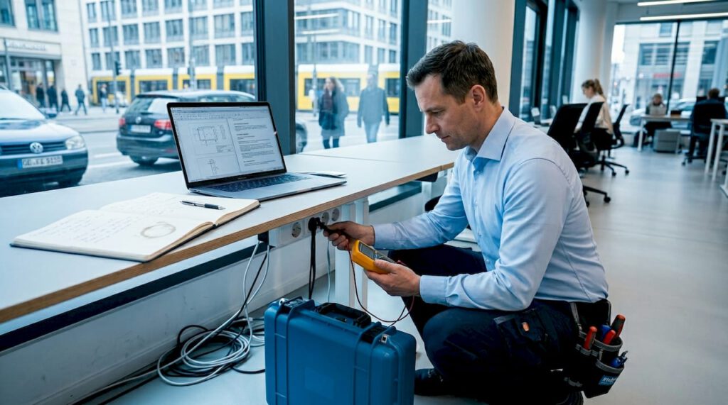Prüflisten Elektrosicherheit: Leitfaden für 2026 1 Ein Elektroniker überprüft die Steckdosen im Büro.