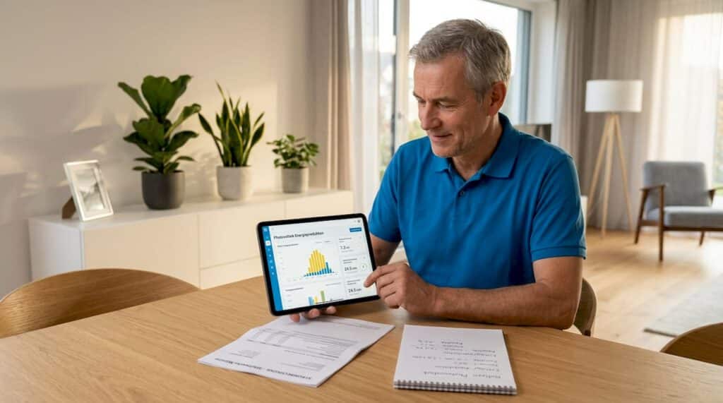 Ein Eigenheimbesitzer überprüft die Daten seiner Solaranlage bequem auf dem Tablet.