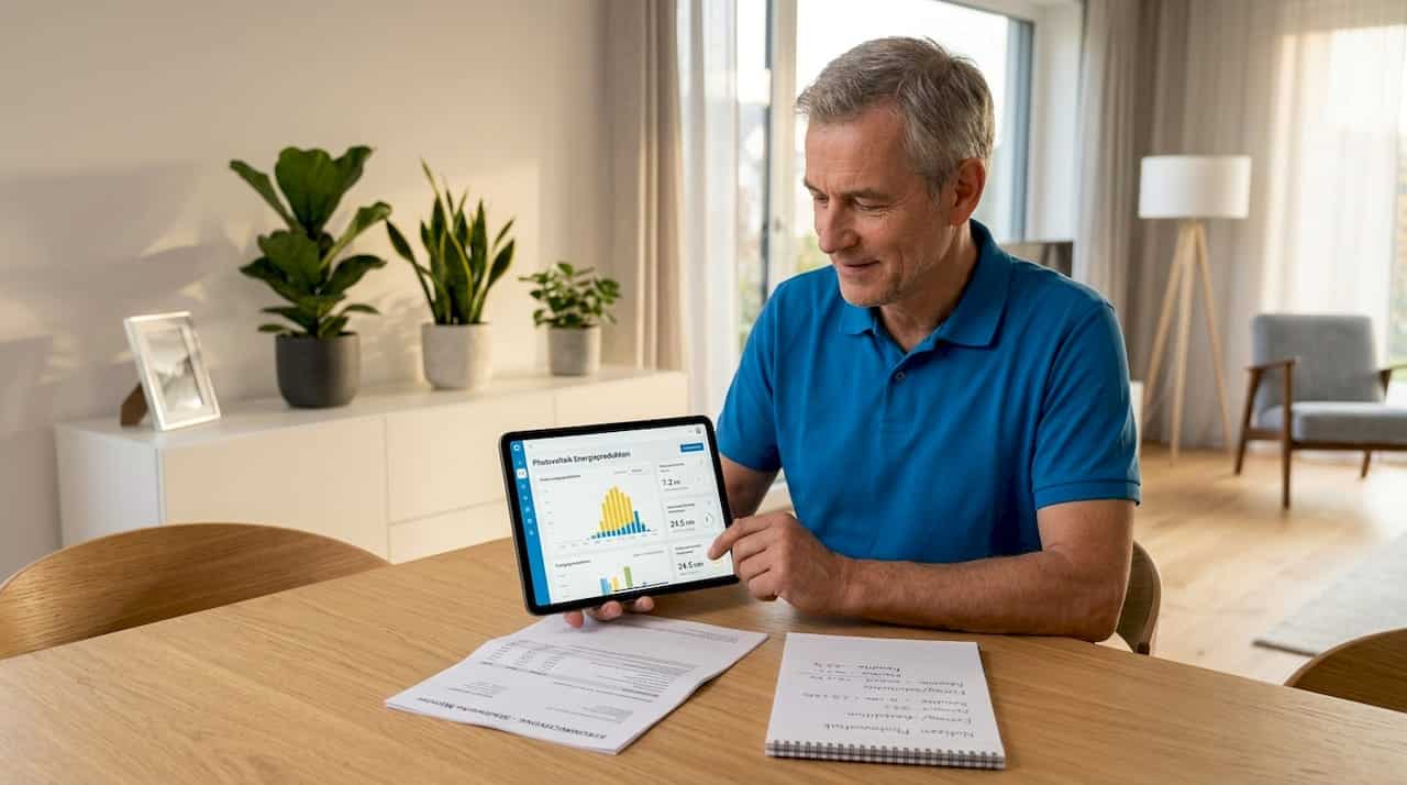 Ein Eigenheimbesitzer überprüft die Daten seiner Solaranlage bequem auf dem Tablet. Ein Eigenheimbesitzer überprüft die Daten seiner Solaranlage bequem auf dem Tablet.