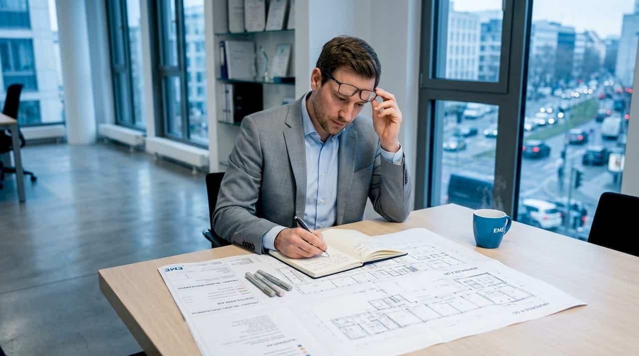 Ein Elektroplaner begutachtet im Büro die technischen Zeichnungen für ein Bauprojekt.