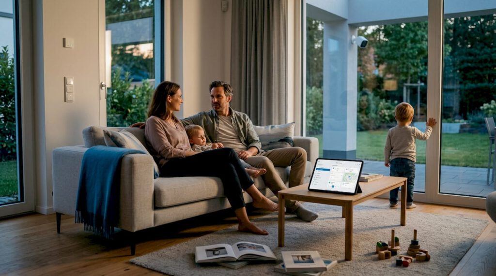 Am Abend steuert die Familie bequem vom Wohnzimmer aus ihr Smart Home.