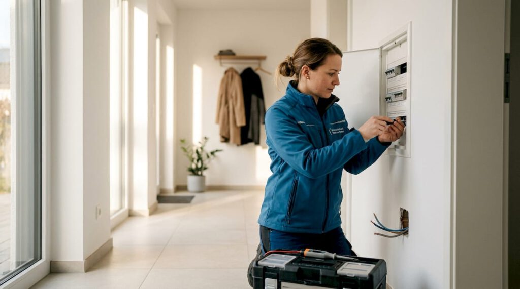 Eine Elektrikerin kontrolliert die Elektroinstallation im Flur eines Wohnhauses.