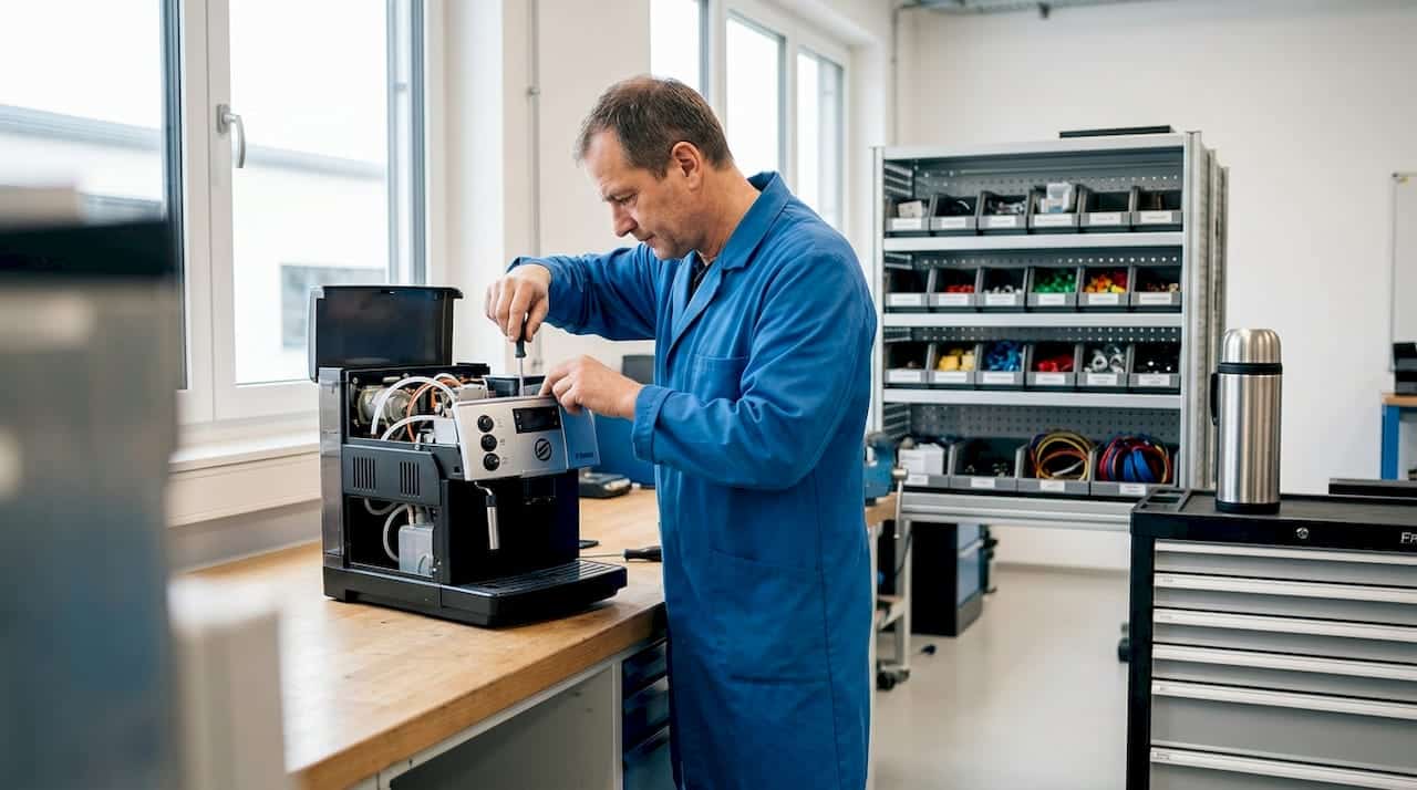 Ein Servicetechniker bringt eine Saeco-Kaffeemaschine in der Werkstatt wieder auf Vordermann.