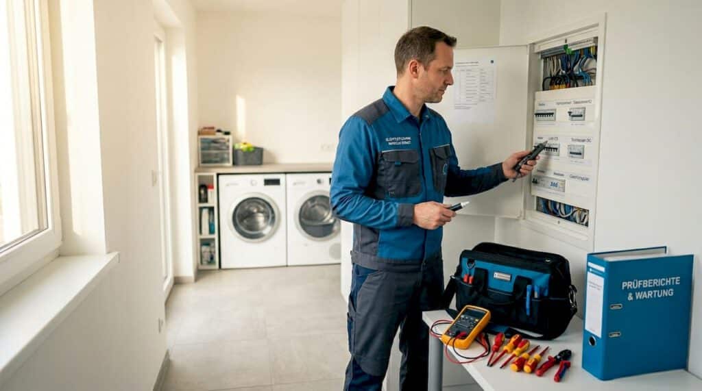 Bei der Installation im Haus überprüft der Elektriker den Sicherungskasten sorgfältig auf Funktion und Sicherheit.