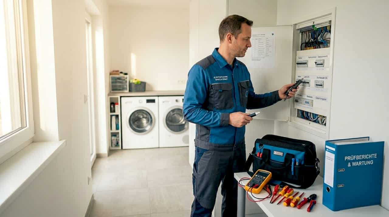 Bei der Installation im Haus überprüft der Elektriker den Sicherungskasten sorgfältig auf Funktion und Sicherheit.