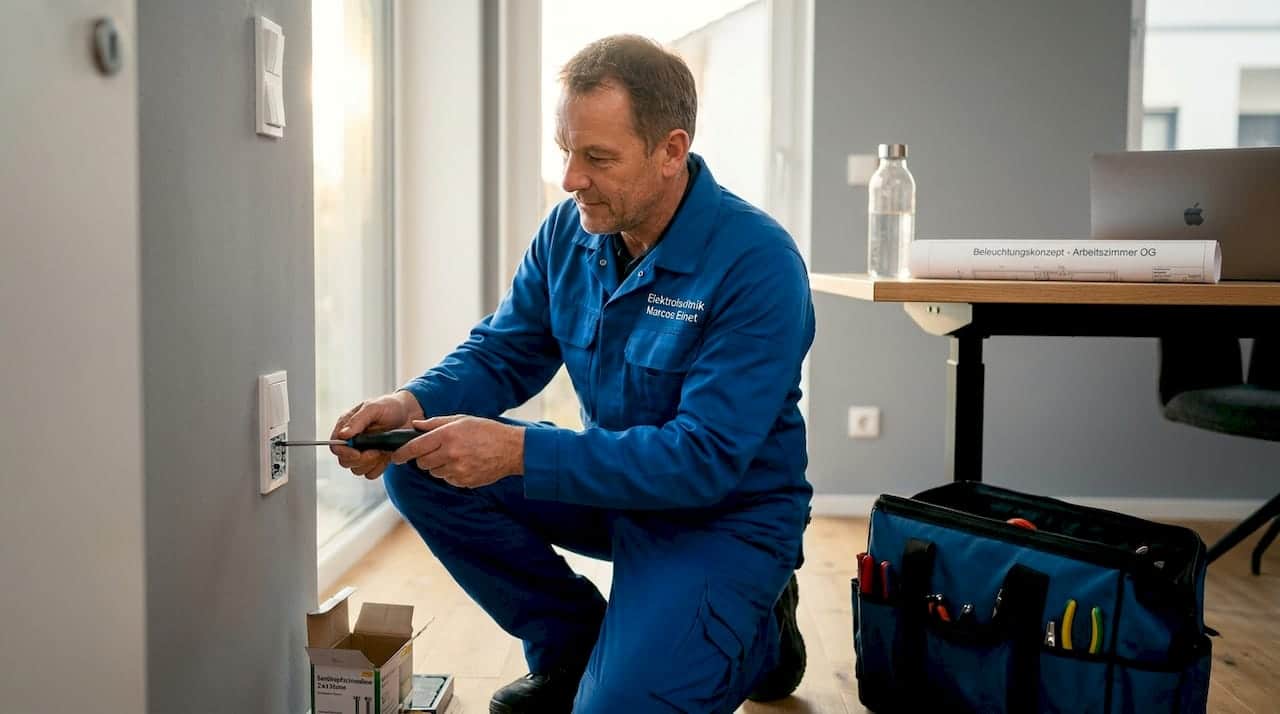 Ein Elektriker bringt im Büro neue Lichtschalter an. Ein Elektriker bringt im Büro neue Lichtschalter an.