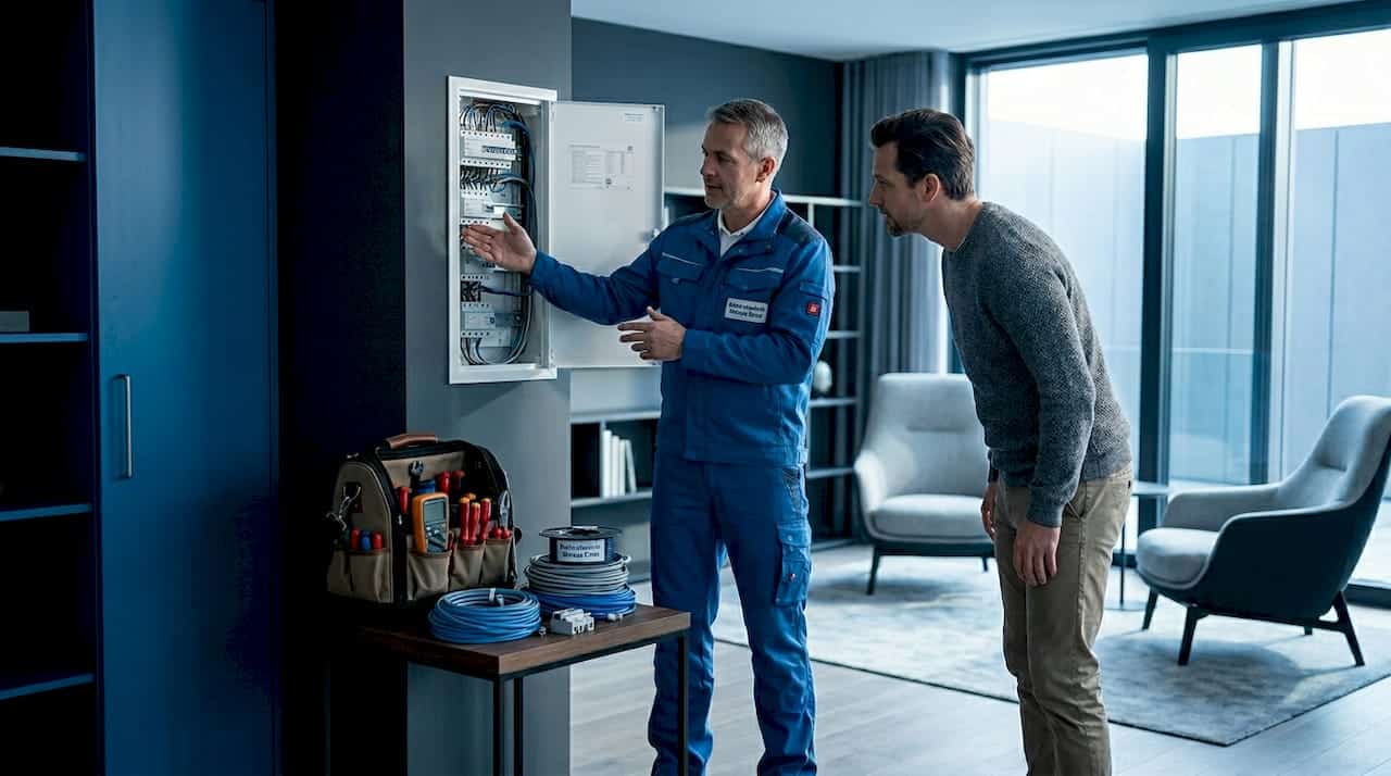 Ein Elektriker erklärt dem Hausbesitzer verständlich, wie die Elektroinstallation im eigenen Zuhause funktioniert. Ein Elektriker erklärt dem Hausbesitzer verständlich, wie die Elektroinstallation im eigenen Zuhause funktioniert.
