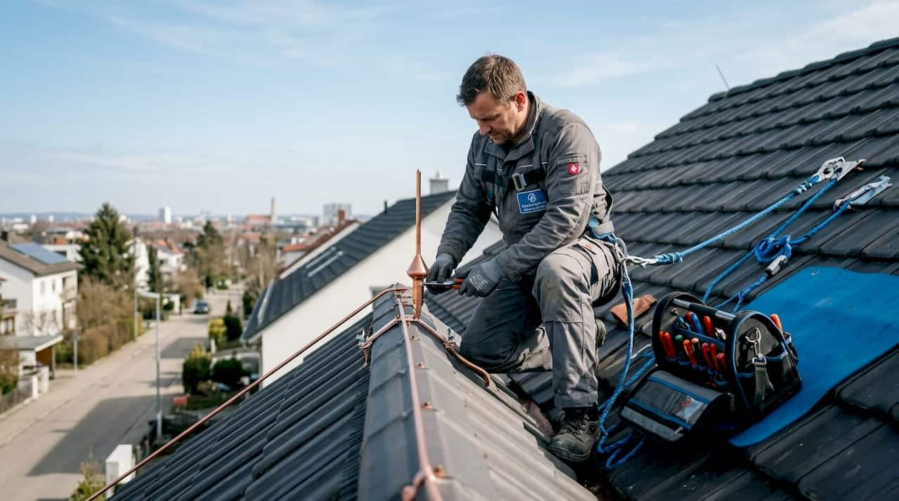 Ein Elektriker montiert auf dem Hausdach eine Blitzschutzanlage.