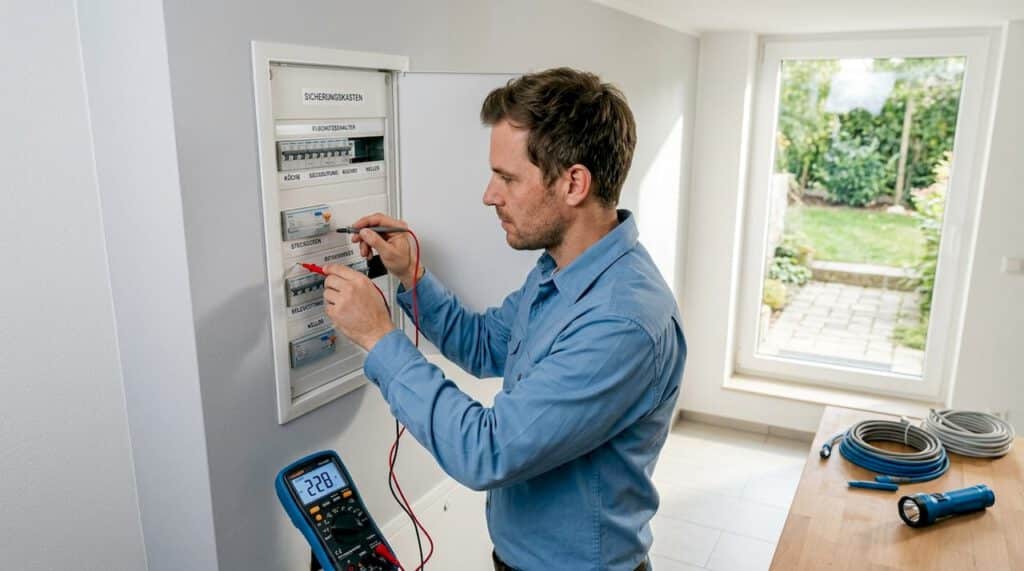 Ein Elektriker überprüft die Elektroinstallation im Haus.
